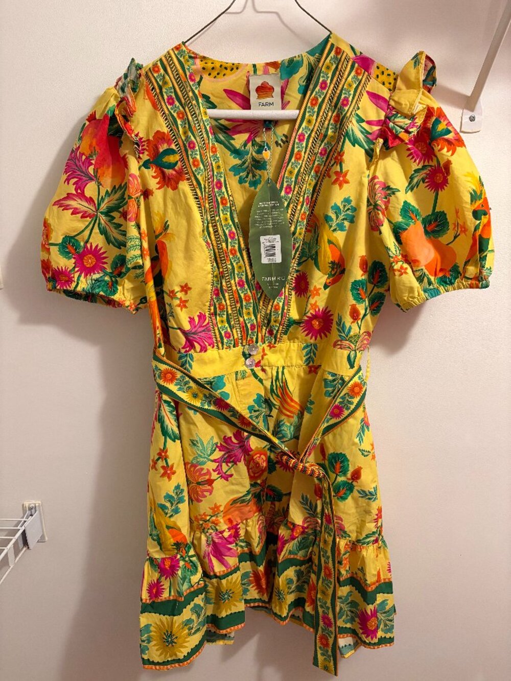 NWT FARM Rio Yellow Floral Wrap Dress Organic Cotton Tie Belt Size XL